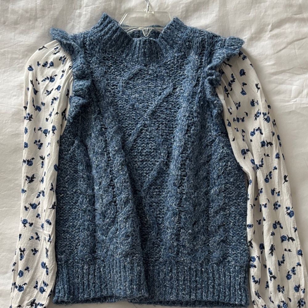 Blue Knit Sweater with Floral Sleeves
